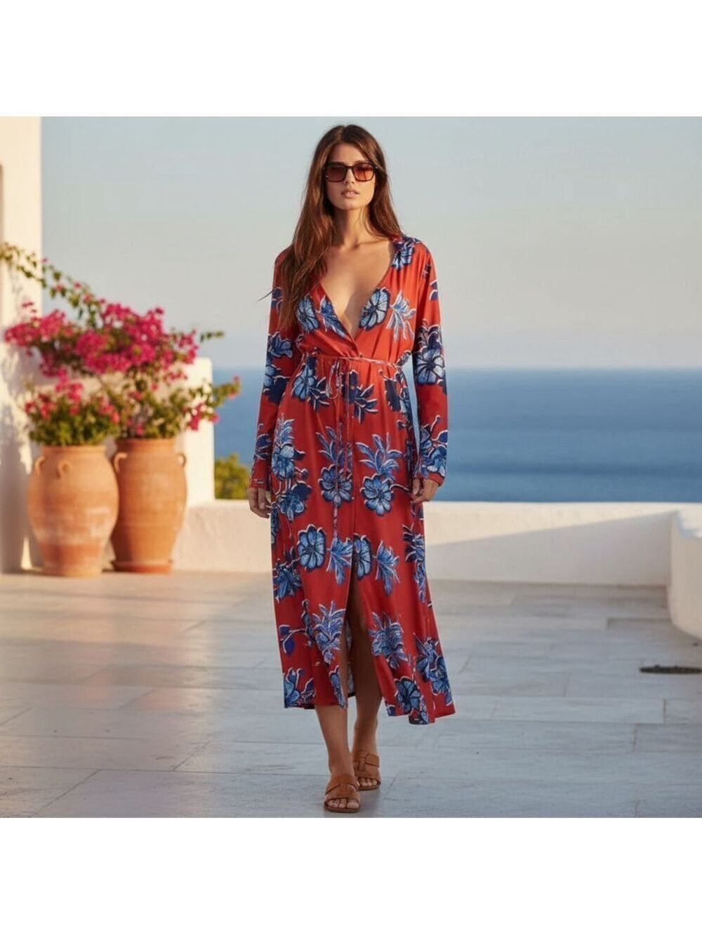 ZARA Floral Printed Midi Shirt Dress Long Sleeve Sz S Resort wear Boho Chic